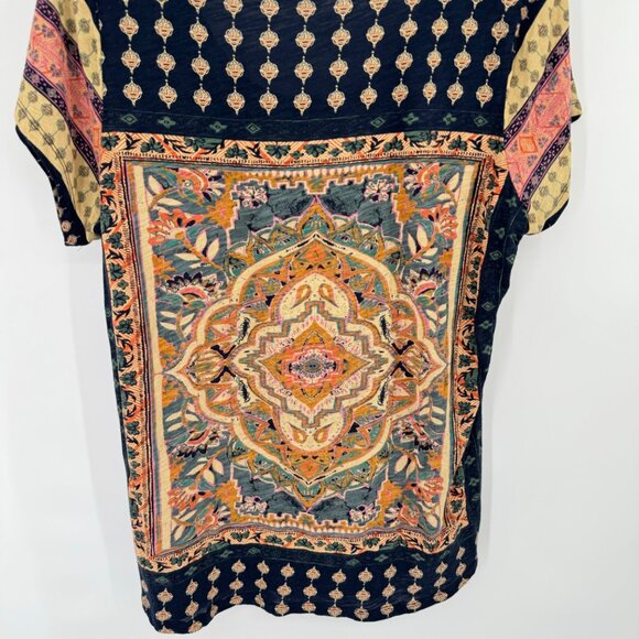 Lucky Brand Womens Boho Print Short Sleeve Top Gold blue medallion size 1X plus - Picture 8 of 13